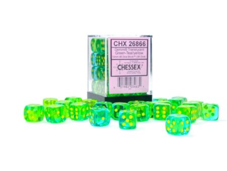 Gemini: 12mm d6 Translucent Green-Teal yellow Dice Block (36 dice) Online Sale