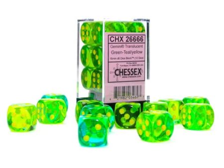 Gemini: 16mm d6 Translucent Green-Teal yellow Dice Block (12 dice) For Discount