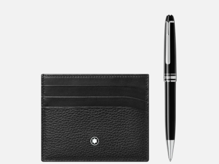 Montblanc Set with Meisterstück Platinum-Coated Classique Ballpoint Pen and Meisterstück Soft Grain Pocket 6cc MB128955 For Sale