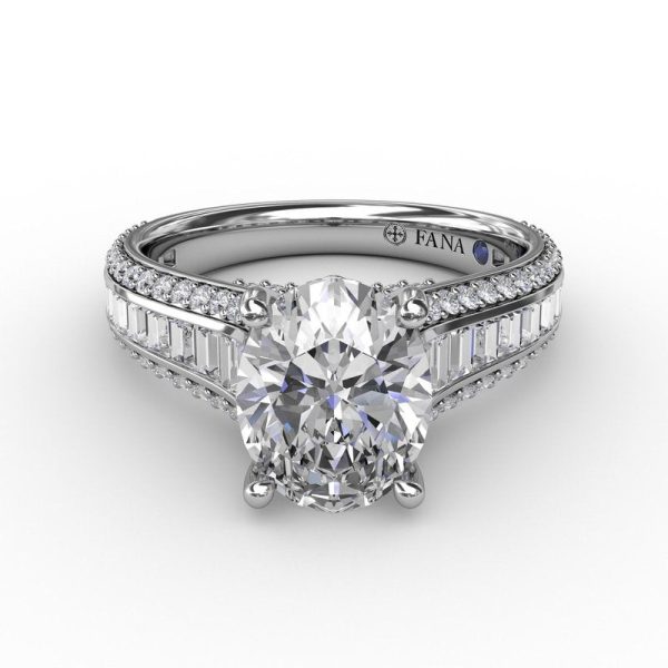 Fana Oval Diamond Solitaire Engagement Ring With Baguettes and Pavé 3310 For Cheap