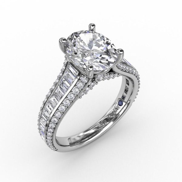 Fana Oval Diamond Solitaire Engagement Ring With Baguettes and Pavé 3310 For Cheap